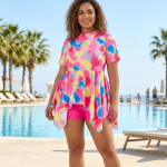 SHEIN Plus Size Tie-Dye Peplum Tankini Set With Shorts